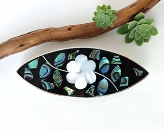 Vintage Abalone and Mother of Pearl Floral Inlay Hair Barrette Clip Mother of Pearl Hair Barrette, Floral White Daisy Design  main image 4