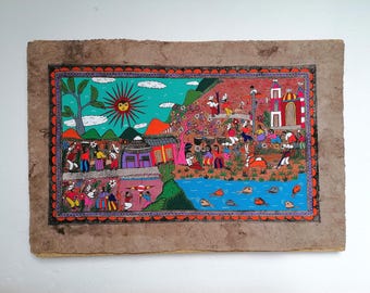 Mexican Folk Art Painting, Handmade Bark Paper, Colourful Wall Decor, Original Artwork, 24" x 16"