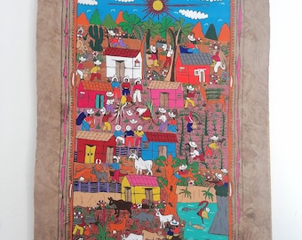 Mexican Folk Art Painting, Handmade Bark Paper, Colourful Wall Decor, Original Artwork, 24" x 16"