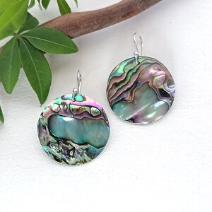 Abalone Earrings, Pink & Green Iridescent Shell, Boho Beach Jewellery, Sterling Silver