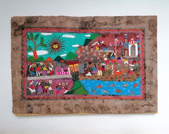 Mexican Folk Art Painting, Handmade Bark Paper, Colourful Wall Decor, Original Artwork, 24" x 16"