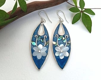 Mother of Pearl Flower Earrings, Handcrafted Teal Enamel & Shell Inlay