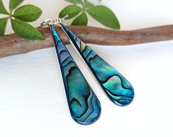 Teal Blue Abalone Teardrops, Long Elegant Earrings, Iridescent Handcrafted Shell Inlay