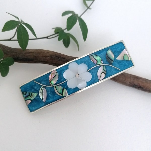 Mother of Pearl Flower, Teal Blue Hair Clip, Hair Barrette, Hair Accessory, Mexican Jewellery, Boho Jewellery, Shell Inlay, Shell Barrette