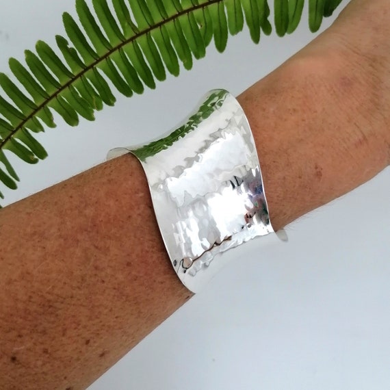 Wide Hammered Cuff, Wave Shape Statement Bracelet, Wide Silver