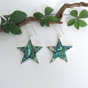Handcrafted Abalone Star Earrings, Iridescent Emerald Green Shell, Boho Celestial Jewellery