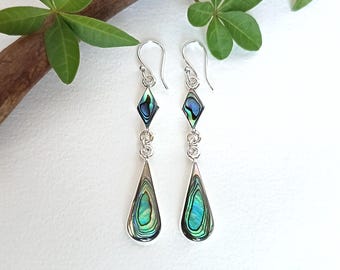 Abalone Diamond Shape Teardrop Earrings, Handcrafted Shell Inlay, Summer Jewellery