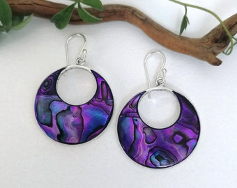 Purple Earrings, Hoop Earrings,  Purple Abalone Jewellery, Mexican Earrings, Shell Inlay, Mexican Jewelry, Iridescent Shell, Silver Plated