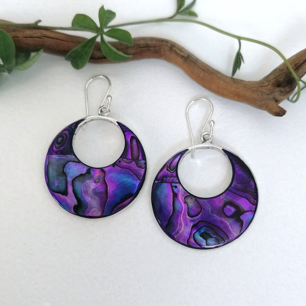 Boucles d'oreilles violettes, Créoles, Bijoux en ormeau violet, Boucles d'oreilles mexicaines, Incrustation de coquillages, Bijoux mexicains, Coquillage irisé, Plaqué argent