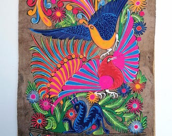 Mexican Folk Art Painting, Handmade Bark Paper, Colourful Wall Decor, Original Artwork, 24" x 16"