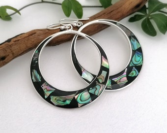 Abalone Shell Hoop Earrings, Statement Jewellery, Large Hoop Earrings, Handcrafted Mexican Jewellery, Boho Chic Earrings, Silver Plated