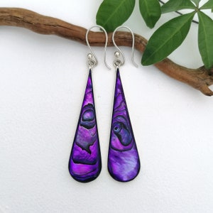 Purple Abalone Teardrops, Long Earrings, Handcrafted Mexican Jewellery, Statement Earrings, Iridescent Purple Shell Inlay, Silver Plated