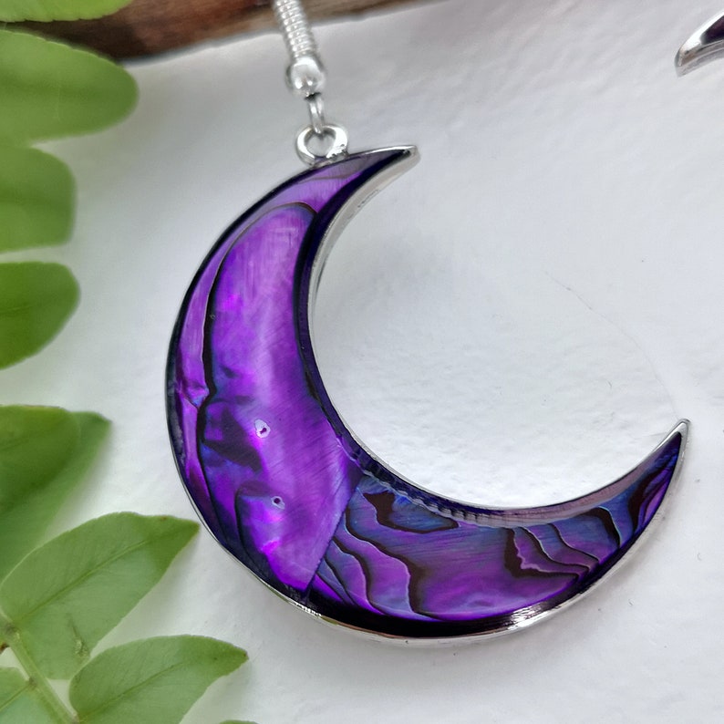 Crescent Moon Earrings Purple Earrings Abalone Shell Moon Etsy