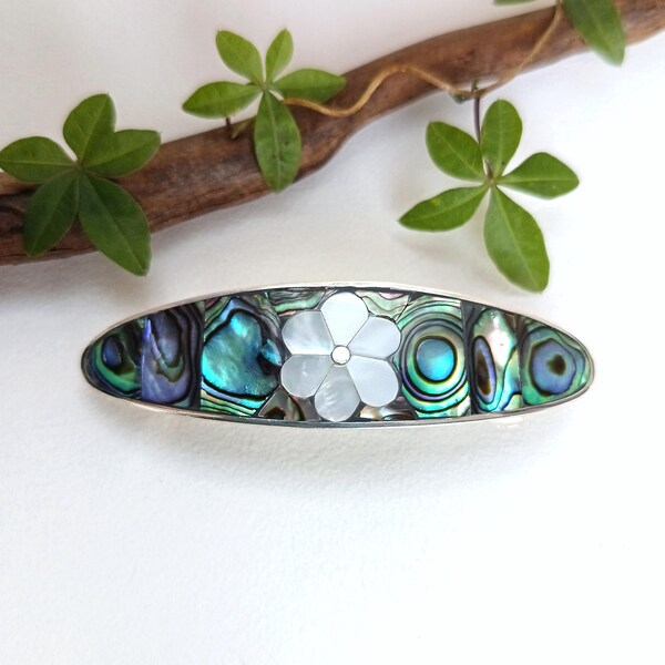Abalone Shell Barrette, Mother of Pearl Flower Inlay, Boho Hair Clip