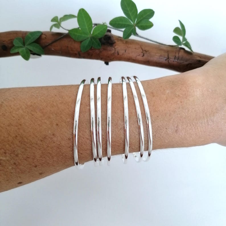 Set of 7 Stacking Bangles, Handcrafted Mexican Semanario, Skinny Layer Bracelets, Silver Plated