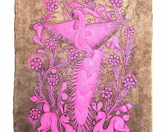 Pink Peacock & Deer Painting, Mexican Folk Art, Hand Painted on Bark Paper (60x40cm)