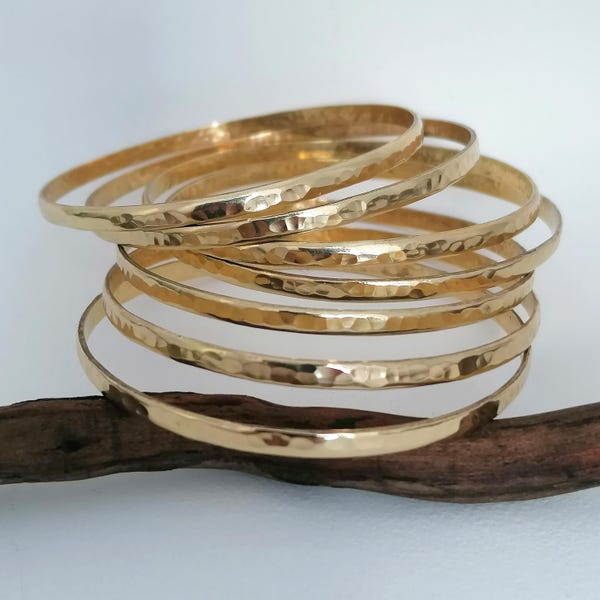 Set of 7 Sparkly Bangles, Hammered Brass Stacking Bracelets, 7 Day Mexican Semanario
