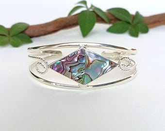 Pink Aqua Abalone Inlay Cuff Bracelet, Handcrafted Mexican Artisan Jewellery