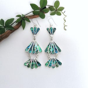 Art Deco Triple Fan Earrings, Iridescent Natural Abalone, Handcrafted Shell Inlay