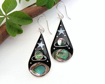 Abalone & Mother of Pearl Night Sky Earrings, Handcrafted Shell Inlay, Nature Jewellery