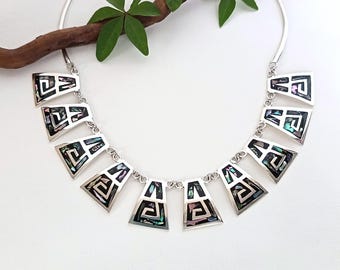 Aztec Abalone Mosaic Necklace, Handcrafted Enamel & Shell Inlay, Cleopatra Collar, Silver Plated