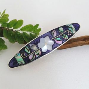 Mother of Pearl Flower, Purple Hair Clip, Hair Barrette, Handcrafted Mexican Jewelry, Abalone Shell Inlay, Boho Jewelry, Deep Purple Enamel