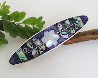 Mother of Pearl Flower, Purple Hair Clip, Hair Barrette, Handcrafted Mexican Jewelry, Abalone Shell Inlay, Boho Jewelry, Deep Purple Enamel