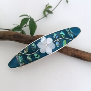 Mother of Pearl Flower, Teal Blue Hair Clip, Hair Barrette, Hair Accessory, Mexican Jewellery, Boho Jewellery, Shell Inlay, Blue Enamel