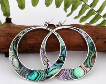 Large Abalone Hoops, Green Earrings, Iridescent Shell, Hoop Earrings, Mexican Jewellery, Boho Earrings, Statement Earrings, Silver Plated