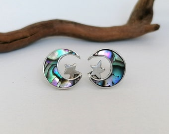 Abalone Shell Moon Earrings, Sterling Silver Studs, Moon & Star Earrings, Handcrafted Mexican Jewelry, Minimalist Earrings, Mini Moon Studs