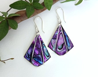 Art Deco Purple Abalone Fan Earrings, Handcrafted Shell Inlay, Boho Chic Jewelry