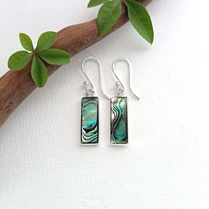 Emerald Green Abalone Shell Earrings, Dainty Rectangular Drops, Handcrafted Mexican Jewellery