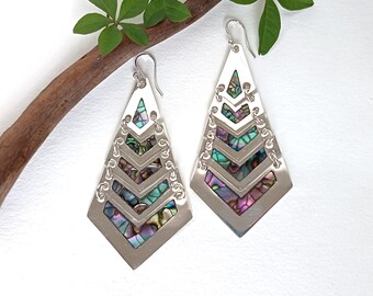 Abalone Shell Statement Earrings, Long Shimmering Chain Link Design, Handcrafted Mexican Jewellery