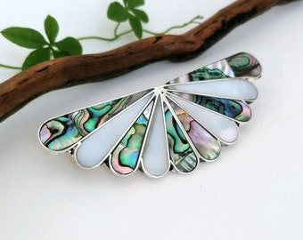 Hair Barrette, Art Nouveau Fan Design, Bridal Hair Accessory, Mexican Jewellery, Boho Accessories, Abalone Shell, Mother of Pearl, Plated