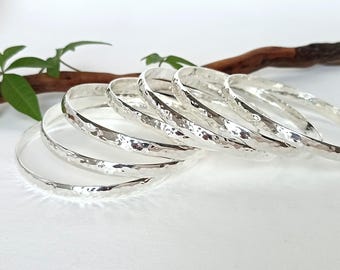 Set of 7 Hammered Bangles, Boho Stacking Bracelets, Wide Sparkly Bangles