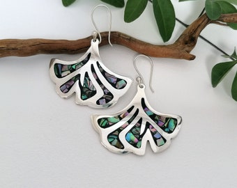 Botanical Woodland Jewellery, Abalone Shell & Enamel Ginkgo Earrings, Art Nouveau Style