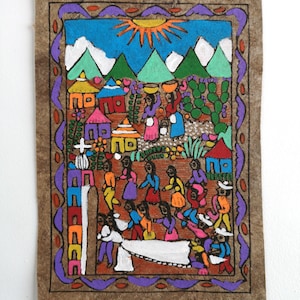 Dipinto in miniatura di corteccia, arte popolare messicana, festa di nozze, opera d'arte originale, arredamento messicano, arte murale, formato cartolina, 7" x 5"