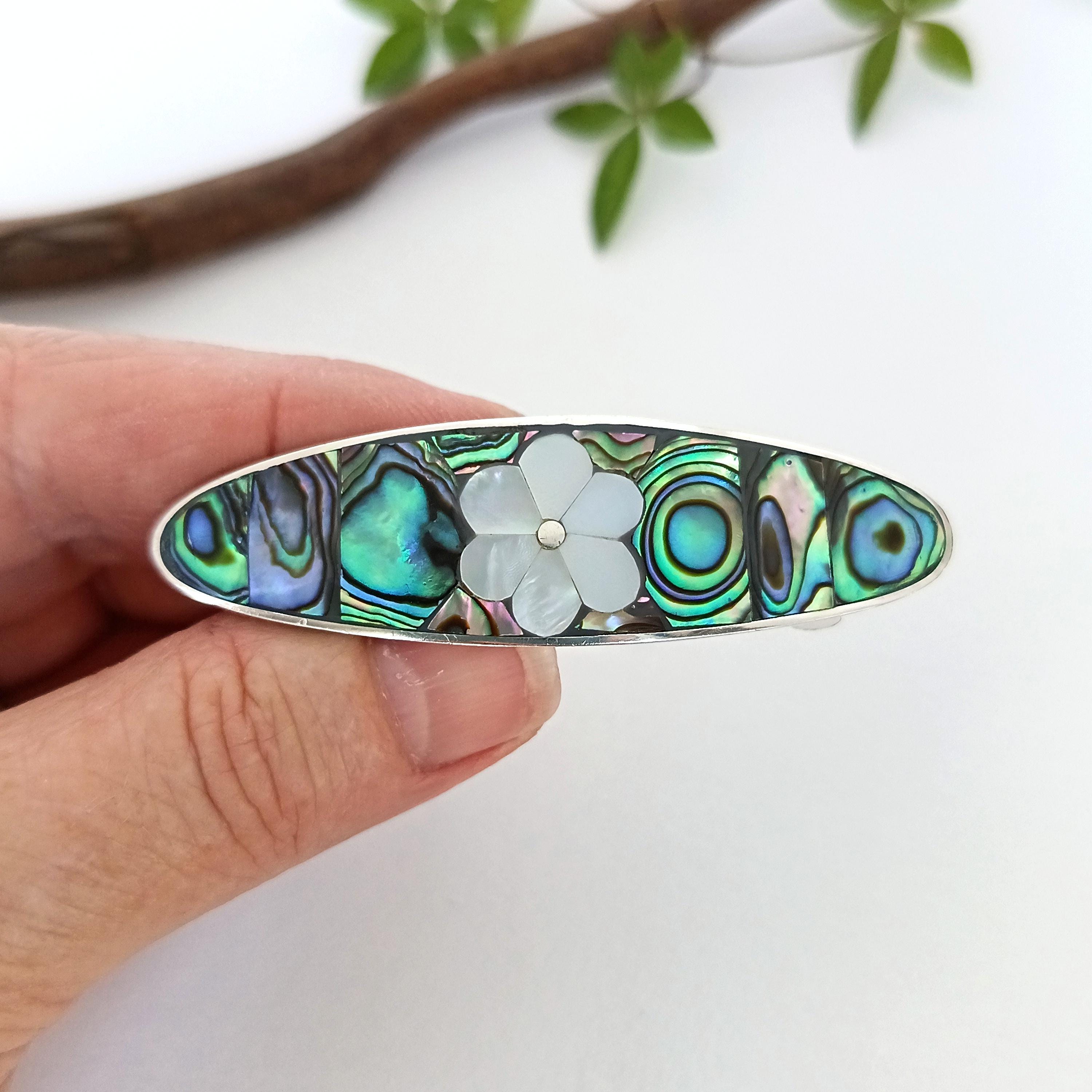 Vintage Abalone and Mother of Pearl Floral Inlay Hair Barrette Clip Vintage Mother of Pearl Shell Hair Clips, Abalone Shell Hair  main image 3