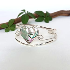 Mother of Pearl Cuff,  Iridescent Pink Shell Inlay, Love Heart Bracelet