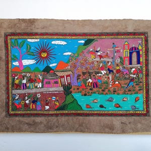 Mexican Folk Art Painting, Handmade Bark Paper, Colourful Wall Decor, Original Artwork, 24" x 16"