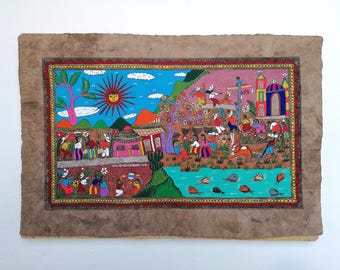 Mexican Folk Art Painting, Handmade Bark Paper, Colourful Wall Decor, Original Artwork, 24" x 16"