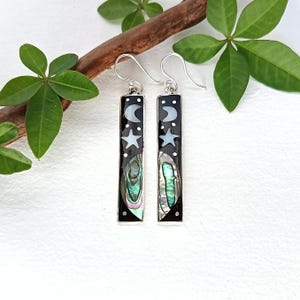 Moon and Star Earrings, Mother of Pearl Abalone & Jet Black Enamel, Handcrafted Shell Inlay