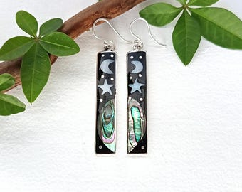Moon and Star Earrings, Mother of Pearl Abalone & Jet Black Enamel, Handcrafted Shell Inlay