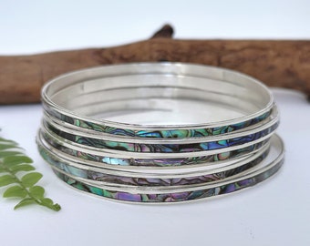 Set of 5 Abalone Bangles, Stacking Bracelets, Handcrafted Shell Inlay, Mexican Jewellery