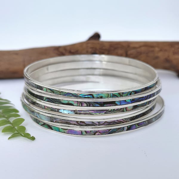 Set of 5 Bangles, Abalone Bangles, Stacking Bangles, Stacking Bracelet, Shell Bangles, Abalone Bracelets, Mexican Jewellery, Silver Plated