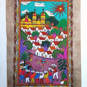 Arte popolare messicana, regalo di inaugurazione della casa, arredamento messicano, pittura messicana, opera d&#39;arte originale, festa della pignatta, arredamento per la casa, carta di corteccia, 24&quot; x 16&quot;
