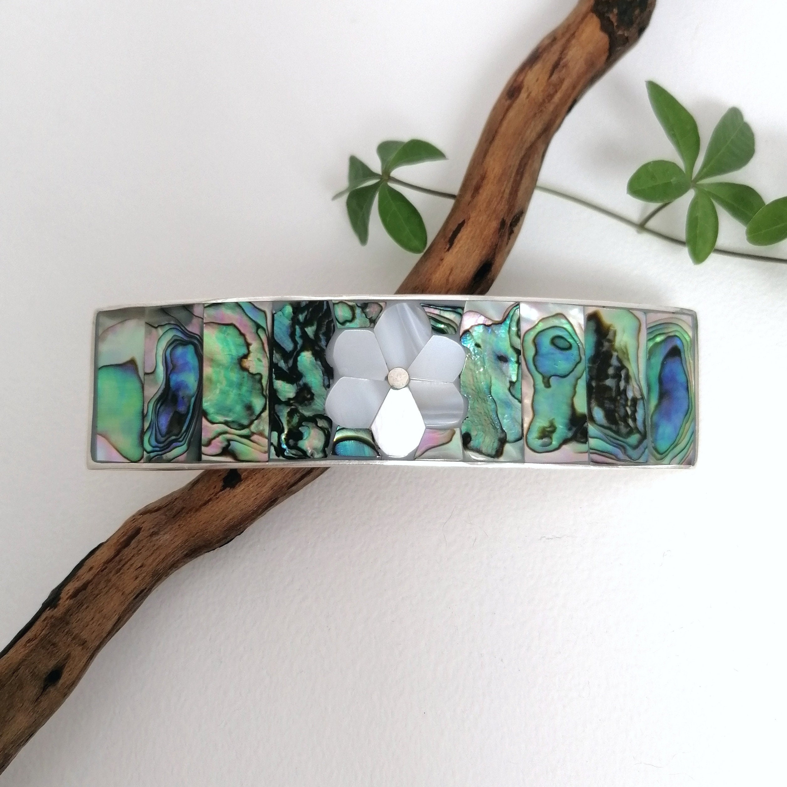 Vintage Abalone and Mother of Pearl Floral Inlay Hair Barrette Clip Vintage Mother of Pearl Shell Hair Clips, Abalone Shell Hair  main image 4