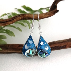 Moon & Star Earrings, Cosmos, Celestial Earrings, Mexican Jewelry, Crescent Moon Landscape, Blue Earrings, Mother of Pearl, Abalone
