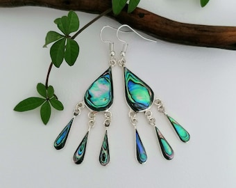 Boucles d'oreilles en goutte d'ormeau, Boucles d'oreilles en tehuana, Boucles d'oreilles longues, Boucles d'oreilles mexicaines, Boucles d'oreilles traditionnelles en tehuana, Bijoux tendance, Argenté