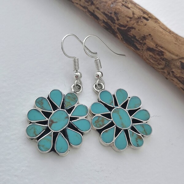 Turquoise Squash Blossom Earrings, Mexican Jewellery, Navajo Style Earrings, Turquoise Earrings, Southwestern Style, Enamel, Silver Plated